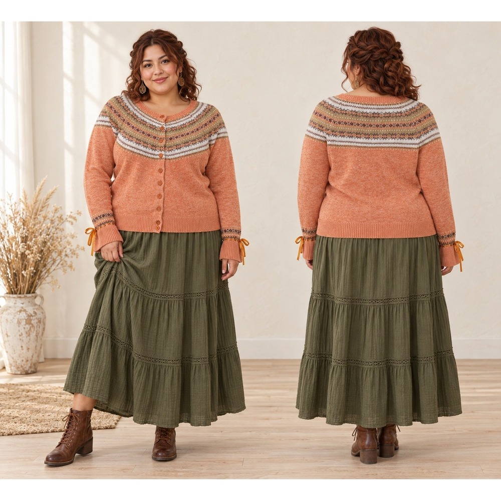 Boho Cottagecore Grandmacore Y2K Peach Orange FairIsle Knit 2X Cardigan Sweater
